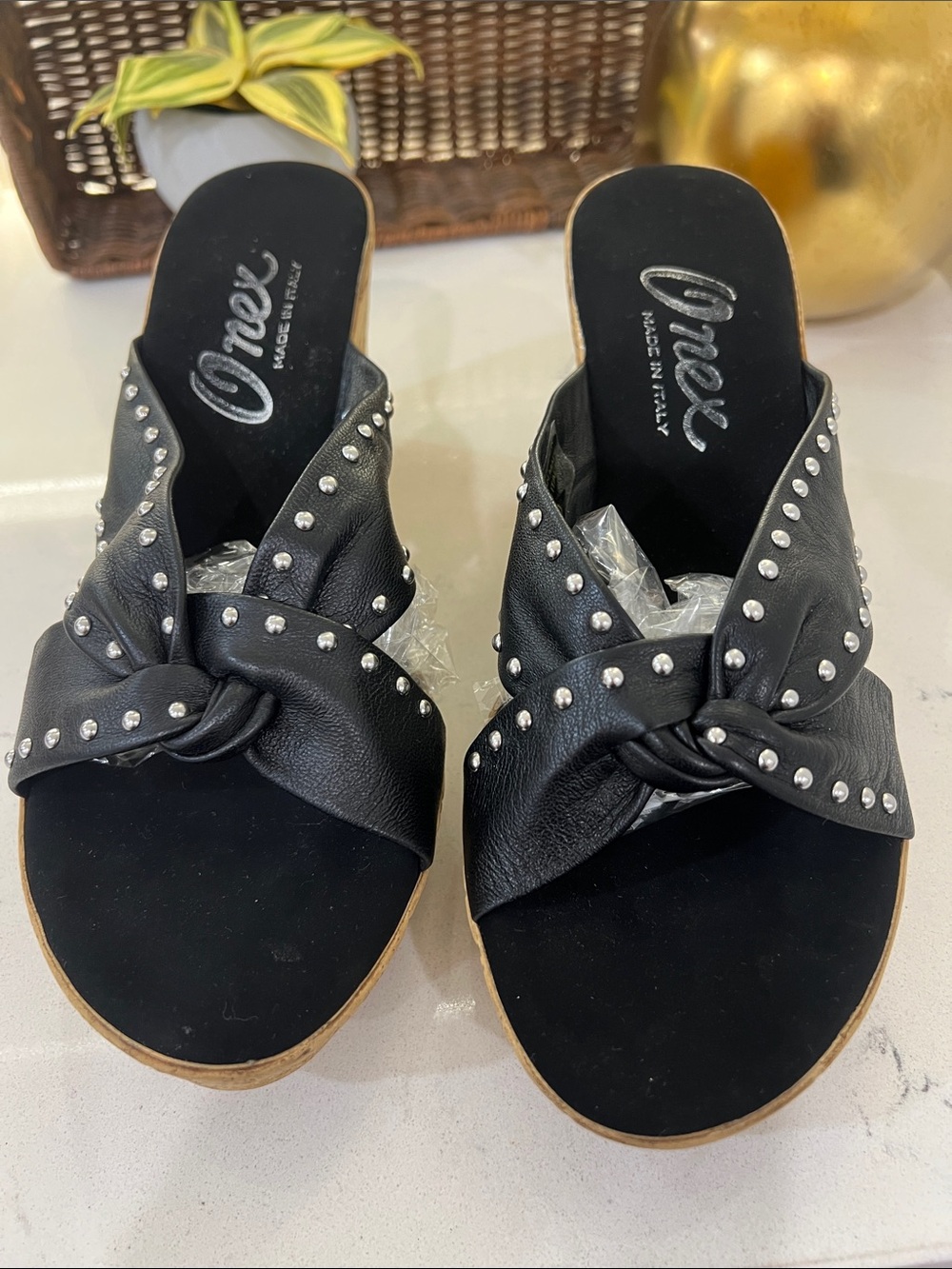 Onex Black Studded Knot Slide Mules. Size 10 made in Italy.  Upper leather